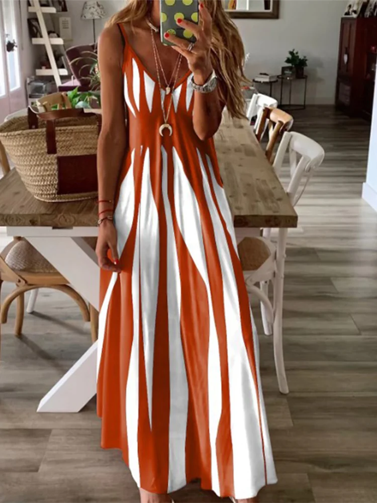 Women's Sexy Sleeveless Stripe Printed Long Dress – Black & White Casual Summer Vacation & Party Dress