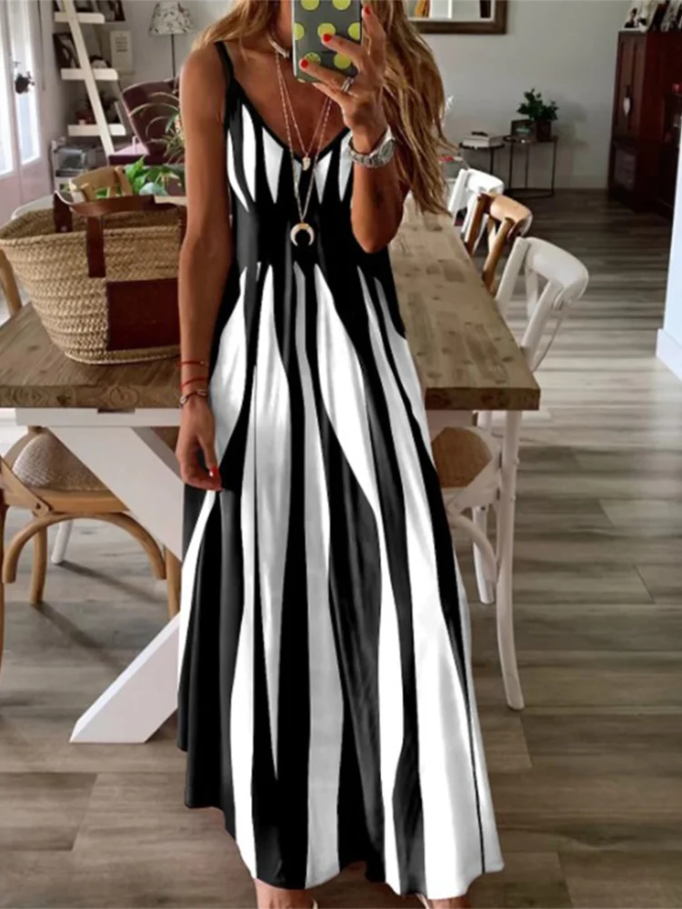 Women's Sexy Sleeveless Stripe Printed Long Dress – Black & White Casual Summer Vacation & Party Dress