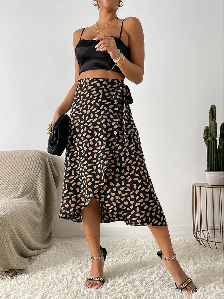 Boho Women Casual Print Tie Side Wrap Skirt Elegant High Waist Female Summer Asymmetrical Knee Length A-Line Skirts