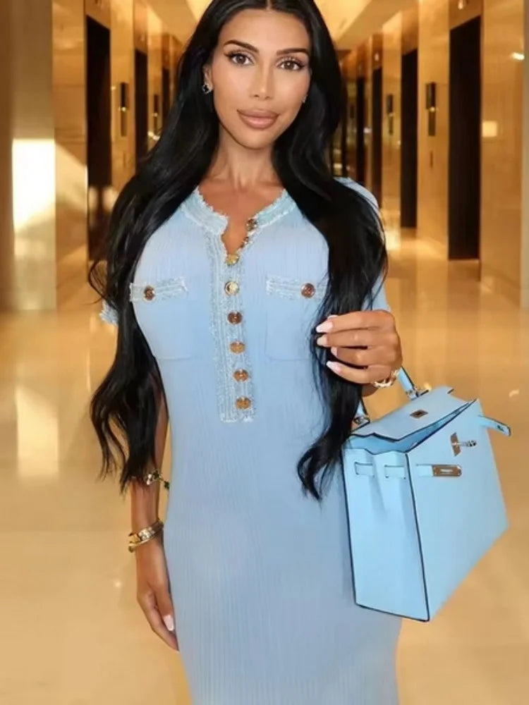 Elegant Contrasting Knit Maxi Dress for Women – Chic O-Neck Short Sleeve Bodycon Dress