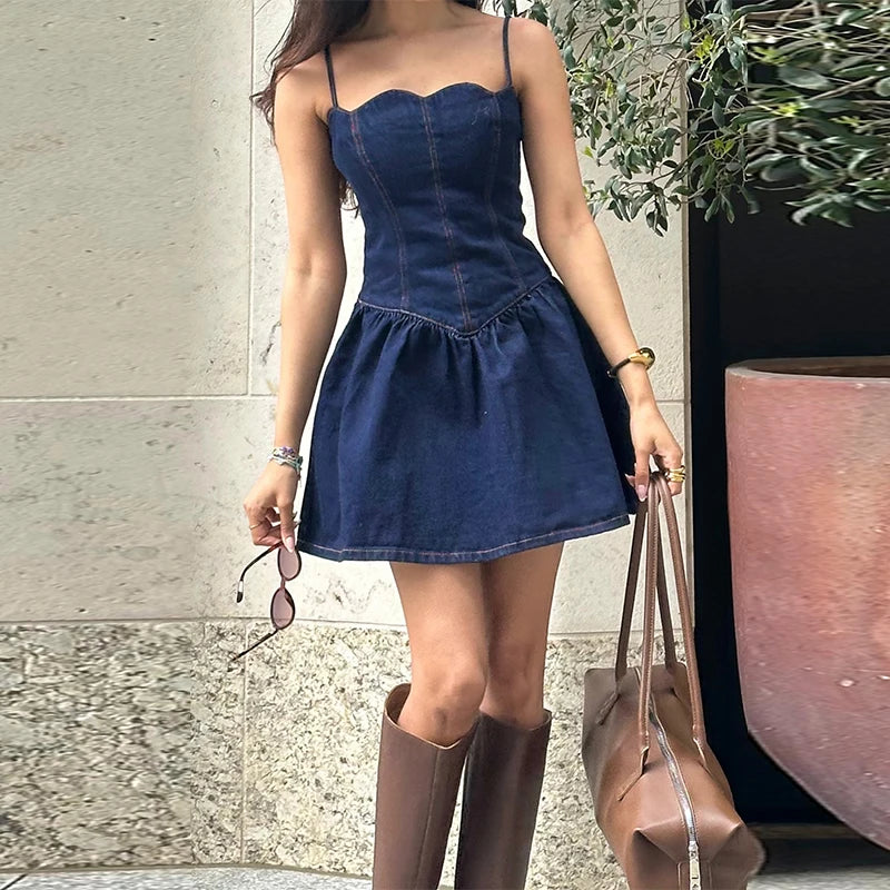 Vintage Blue Denim Mini Dress – Women's Sleeveless Spaghetti Strap Summer Outfit