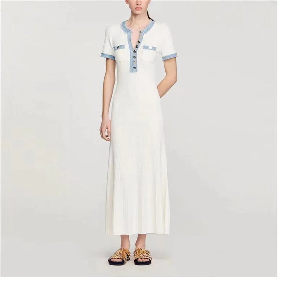 Elegant Contrasting Knit Maxi Dress for Women – Chic O-Neck Short Sleeve Bodycon Dress