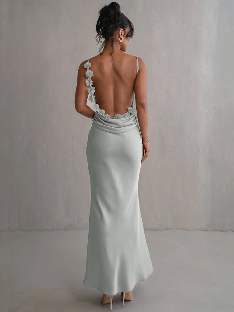 Floral Backless Maxi Dress for Women – Elegant Spaghetti Strap Sleeveless Bodycon Evening Party Gown