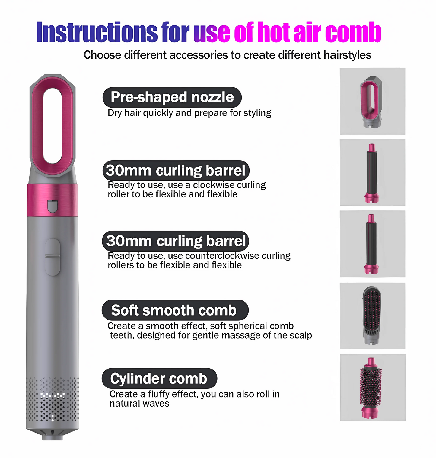 5-in-1 Professional Hair Styler – 1000W Low Noise Hot Air Brush with Dryer, Curler, Straightener & Volumizer