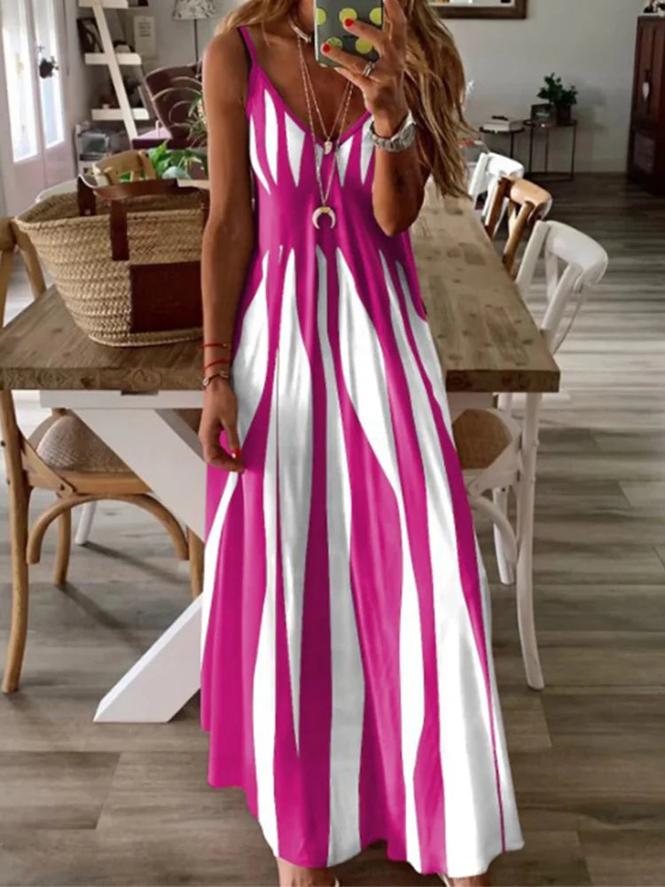 Women's Sexy Sleeveless Stripe Printed Long Dress – Black & White Casual Summer Vacation & Party Dress