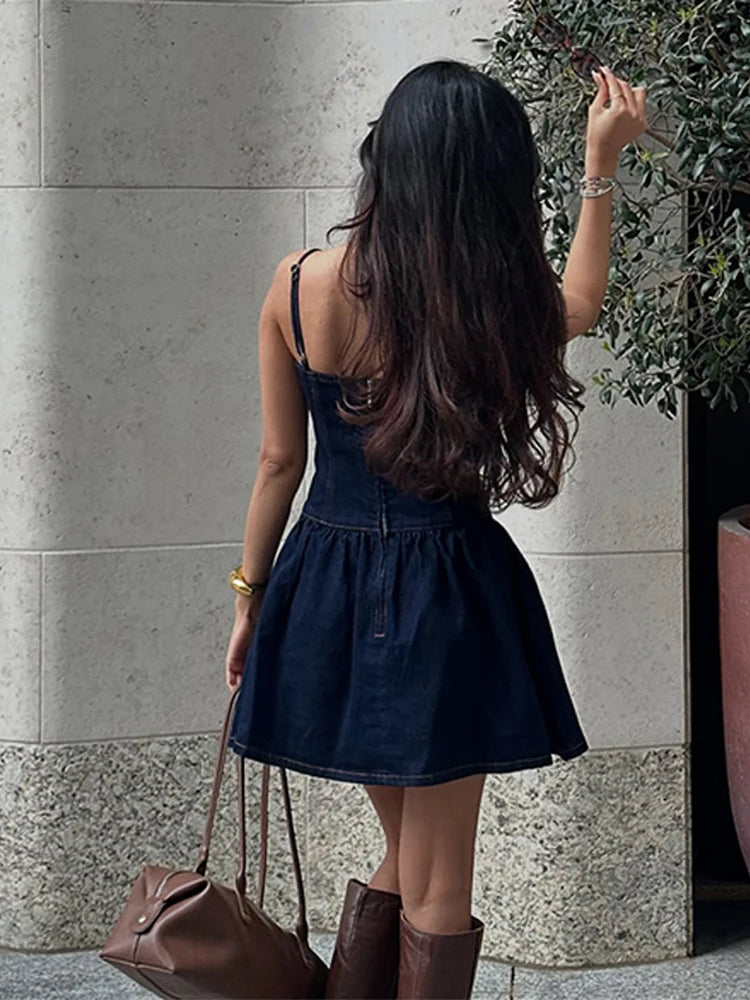 Vintage Blue Denim Mini Dress – Women's Sleeveless Spaghetti Strap Summer Outfit