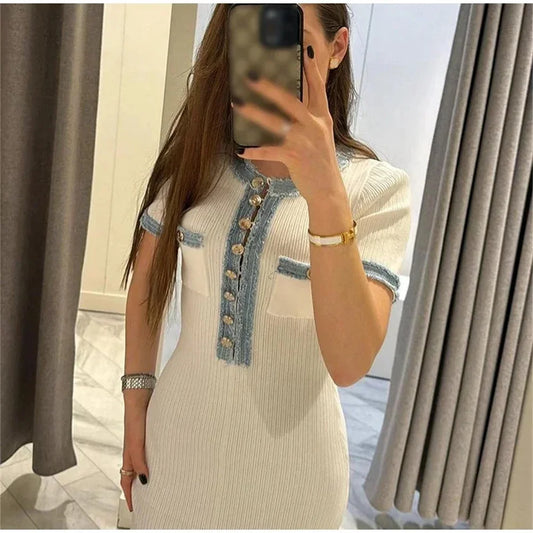 Elegant Contrasting Knit Maxi Dress for Women – Chic O-Neck Short Sleeve Bodycon Dress