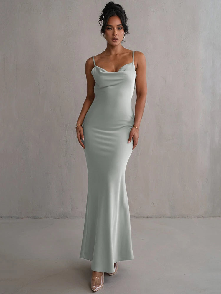 Floral Backless Maxi Dress for Women – Elegant Spaghetti Strap Sleeveless Bodycon Evening Party Gown