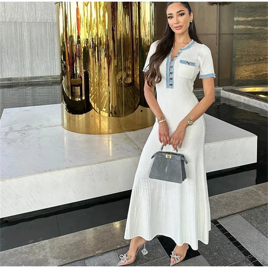 Elegant Contrasting Knit Maxi Dress for Women – Chic O-Neck Short Sleeve Bodycon Dress