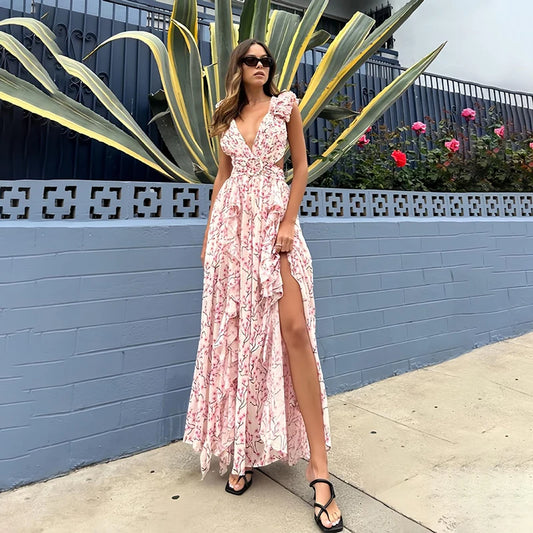 Floral Print Backless Long Dress for Women – Sexy Deep V-Neck Slim Fit Ruffle Maxi Dress for Summer Vacation