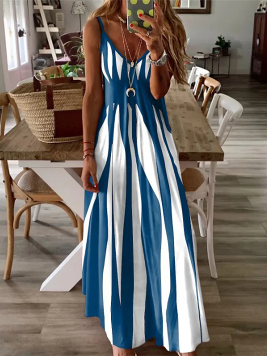 Women's Sexy Sleeveless Stripe Printed Long Dress – Black & White Casual Summer Vacation & Party Dress